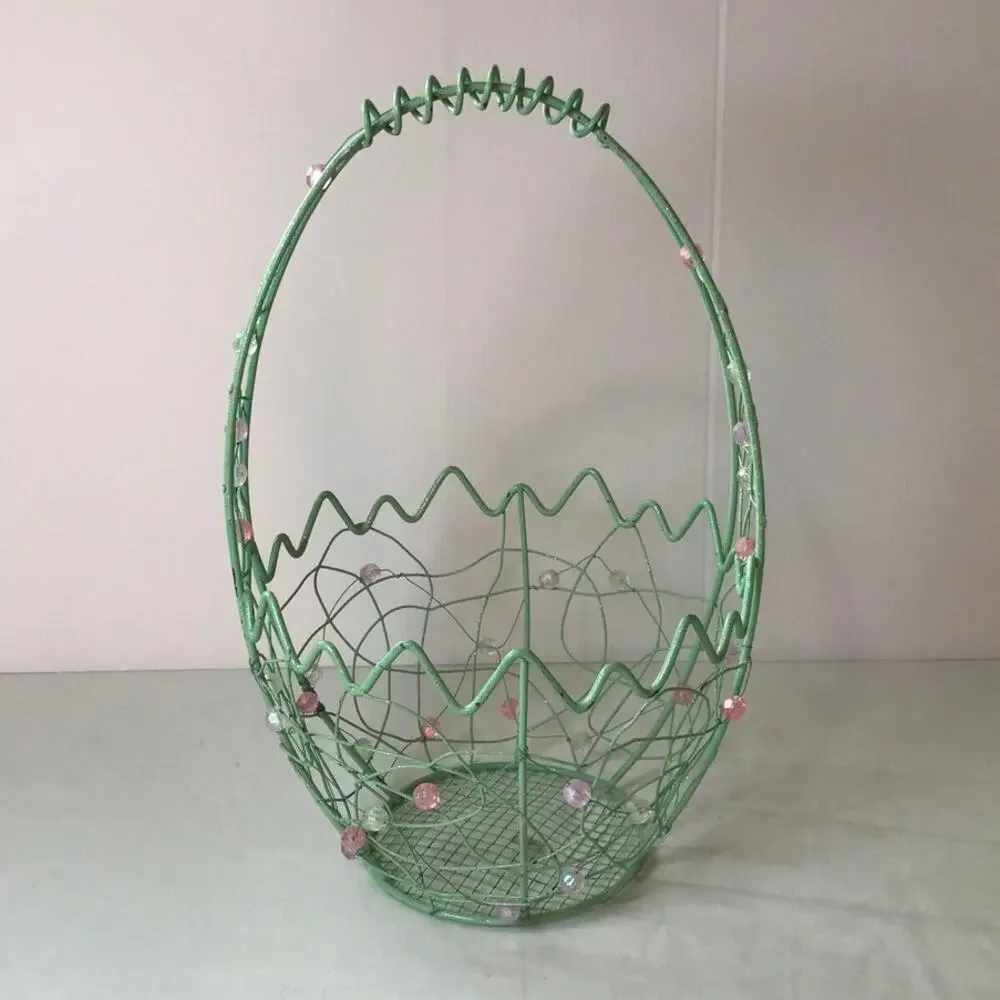 Green Multicolor Spring Decorative Vintage 90’s Metal Wire Basket with Handle